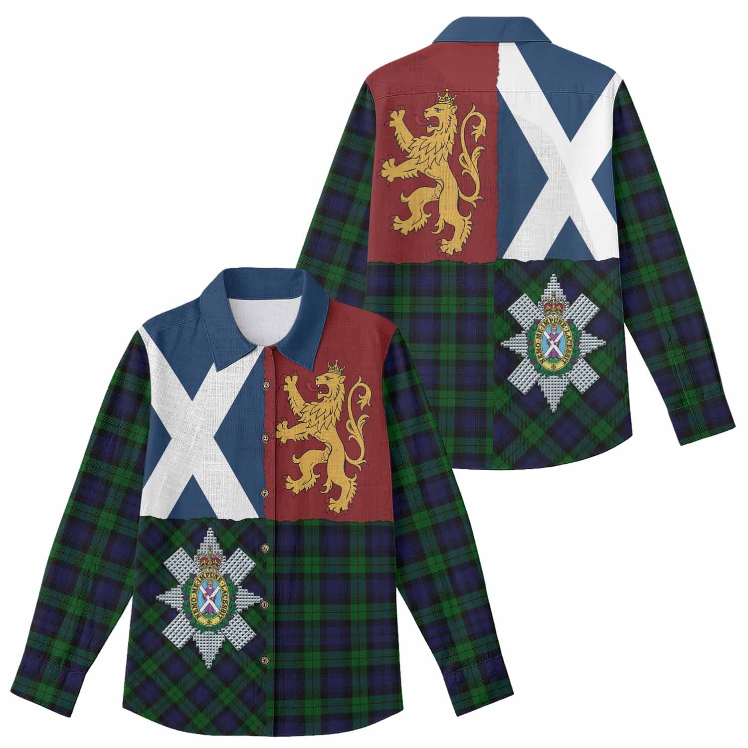 Black Watch Crest Tartan Women Casual Shirt with Lion Rampant Saltire Style