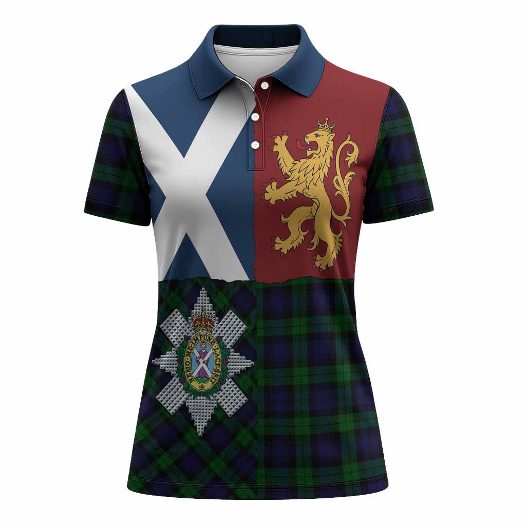 Black Watch Crest Tartan Women Polo Shirt with Lion Rampant Saltire Style