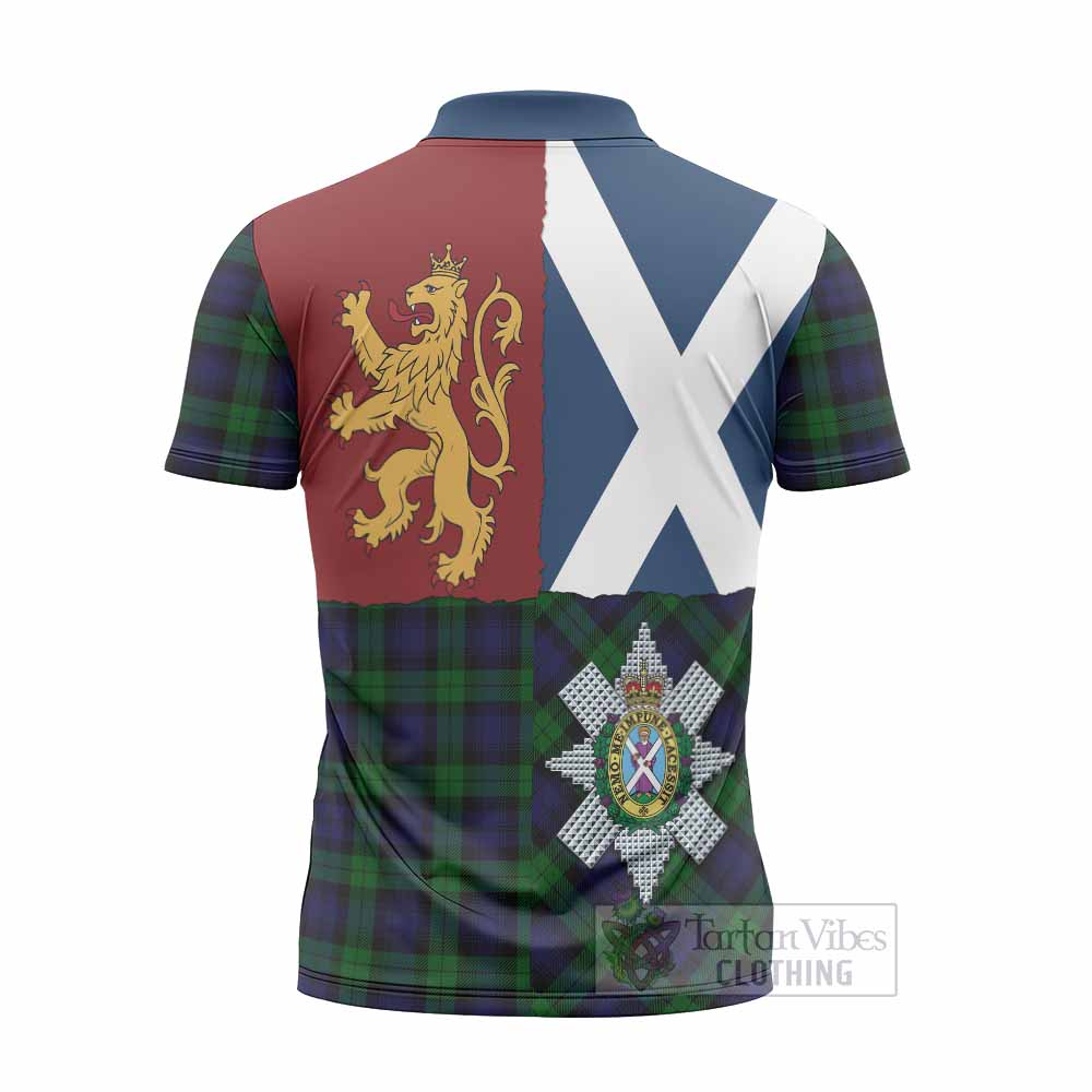 Black Watch Crest Tartan Zipper Polo Shirt with Lion Rampant Saltire Style