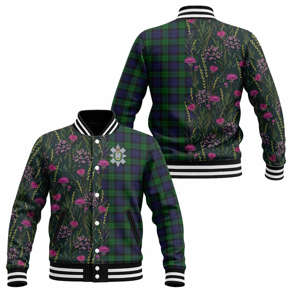 Black Watch Family Crest Tartan Baseball Jacket Scottish Thistle Flower Pattern Half Style - Tartan Vibes Clothing