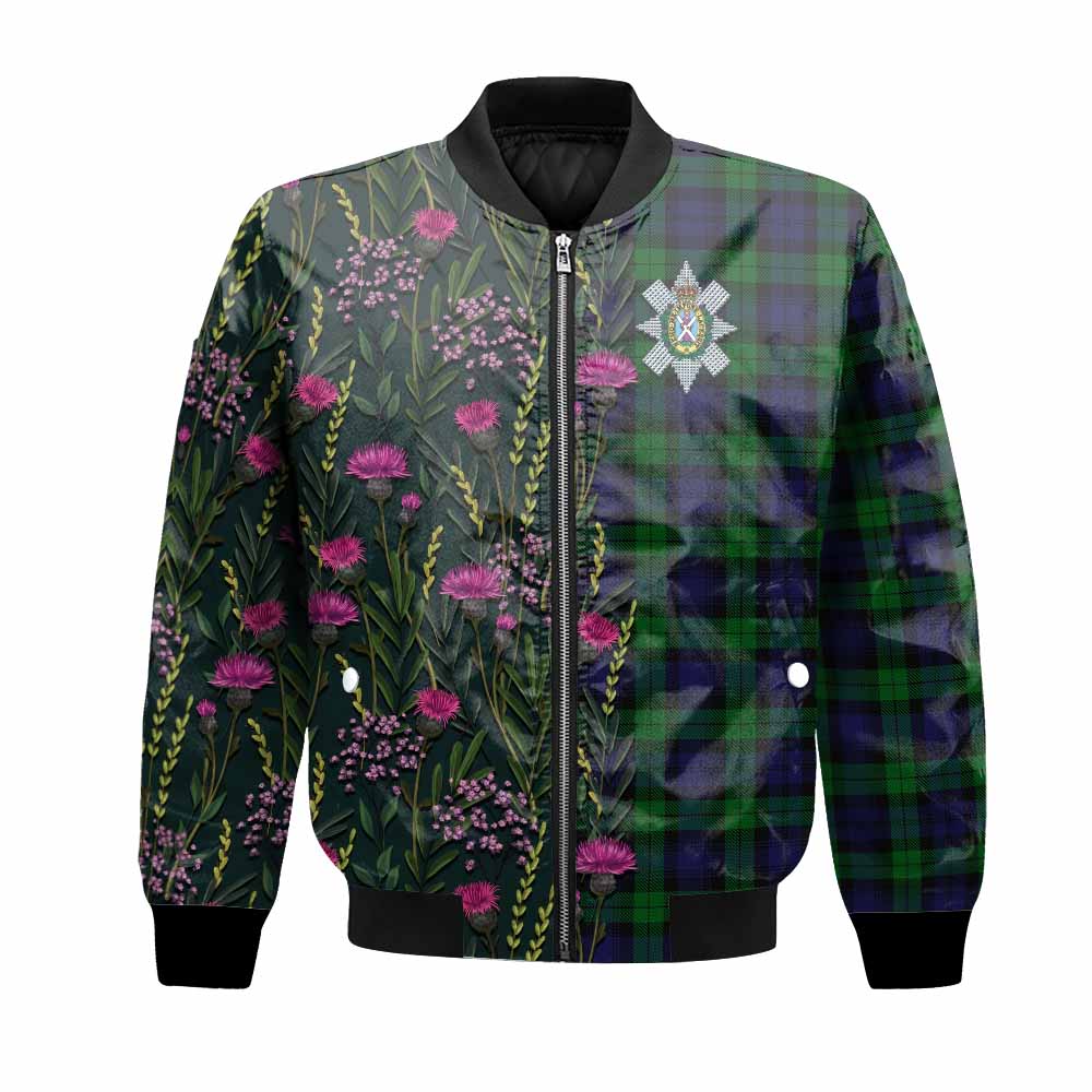 Black Watch Family Crest Tartan Bomber Jacket Scottish Thistle Flower Pattern Half Style - Tartan Vibes Clothing