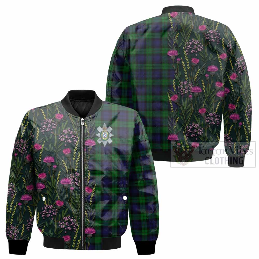 Black Watch Family Crest Tartan Bomber Jacket Scottish Thistle Flower Pattern Half Style - Tartan Vibes Clothing