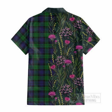 Black Watch Family Crest Tartan Cotton Hawaiian Shirt Scottish Thistle Flower Pattern Half Style - Tartan Vibes Clothing