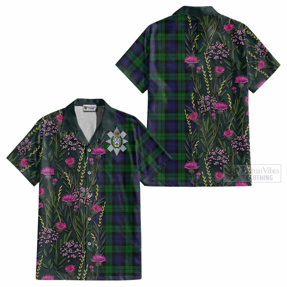 Black Watch Family Crest Tartan Cotton Hawaiian Shirt Scottish Thistle Flower Pattern Half Style - Tartan Vibes Clothing