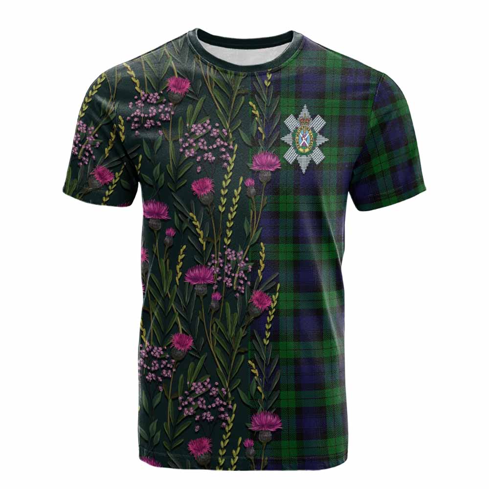 Black Watch Family Crest Tartan Cotton T-shirt Scottish Thistle Flower Pattern Half Style - Tartan Vibes Clothing