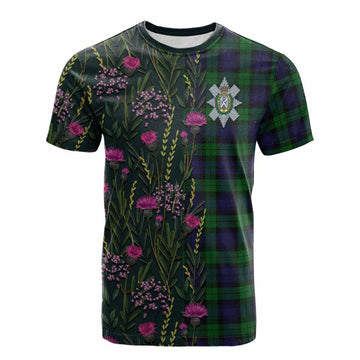 Black Watch Family Crest Tartan Cotton T-shirt Scottish Thistle Flower Pattern Half Style - Tartan Vibes Clothing