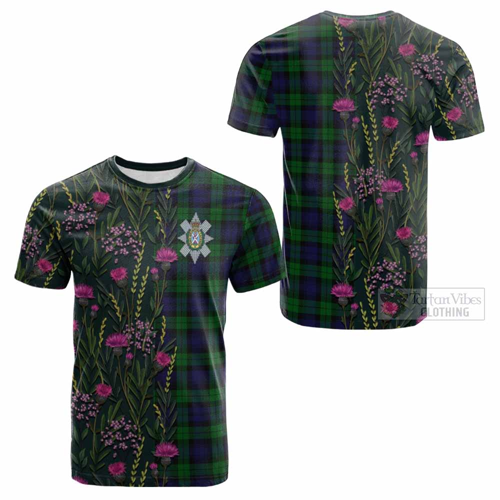 Black Watch Family Crest Tartan Cotton T-shirt Scottish Thistle Flower Pattern Half Style - Tartan Vibes Clothing