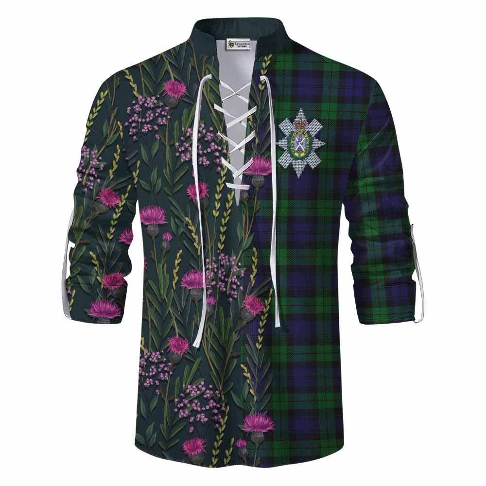 Black Watch Family Crest Tartan Ghillie Shirt Scottish Thistle Flower Pattern Half Style - Tartan Vibes Clothing