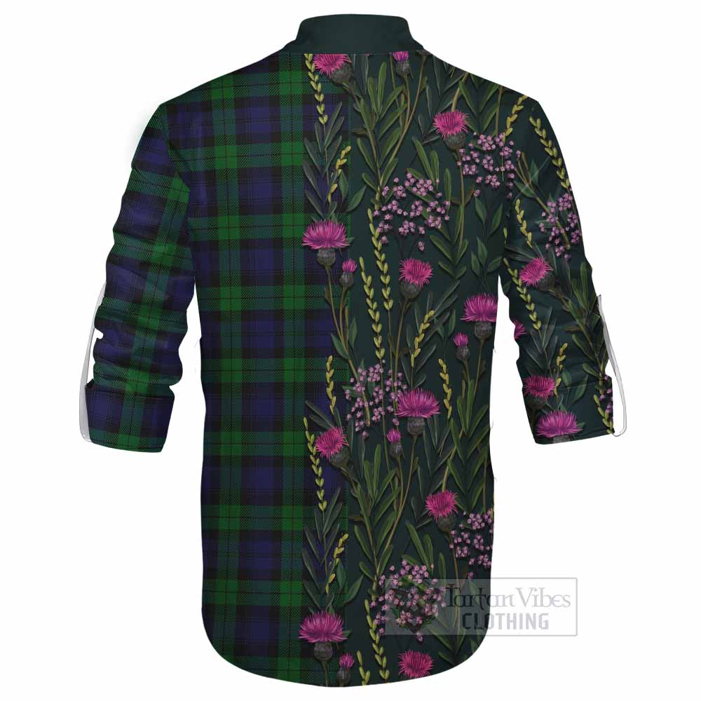 Black Watch Family Crest Tartan Ghillie Shirt Scottish Thistle Flower Pattern Half Style - Tartan Vibes Clothing