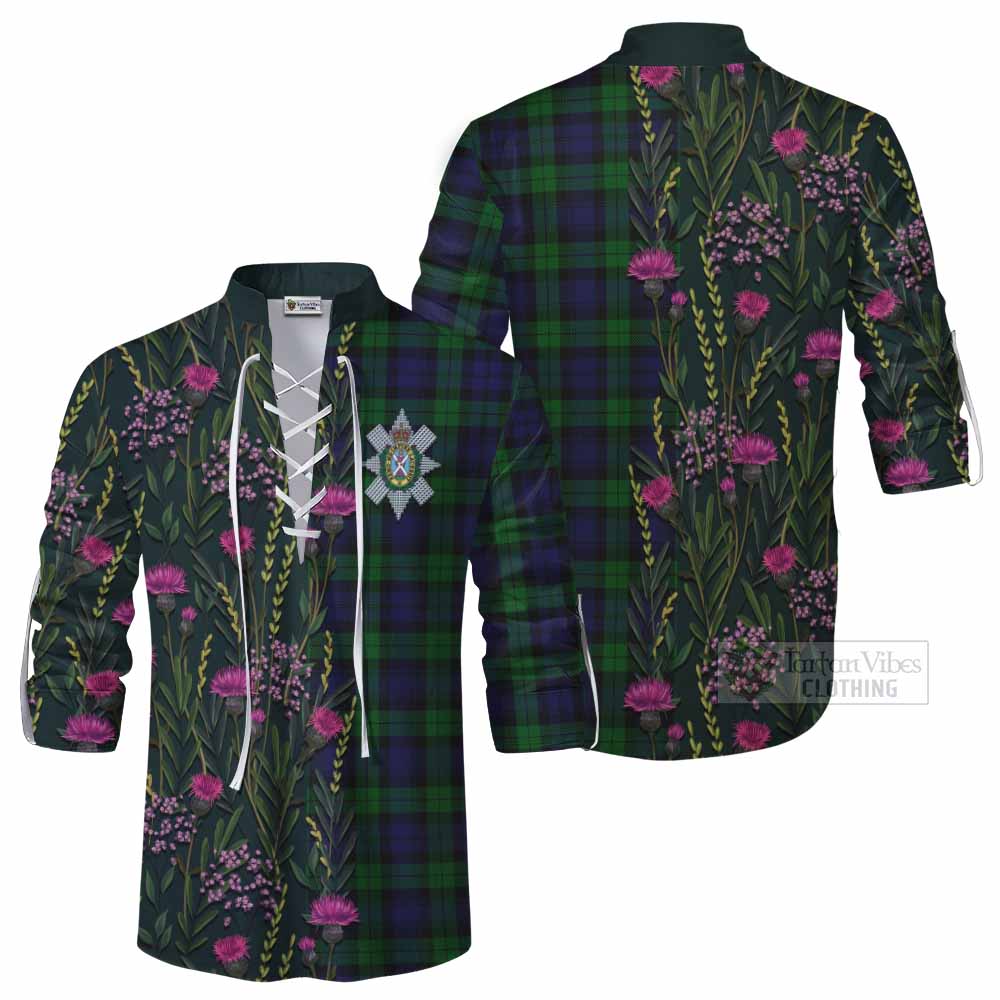 Black Watch Family Crest Tartan Ghillie Shirt Scottish Thistle Flower Pattern Half Style - Tartan Vibes Clothing