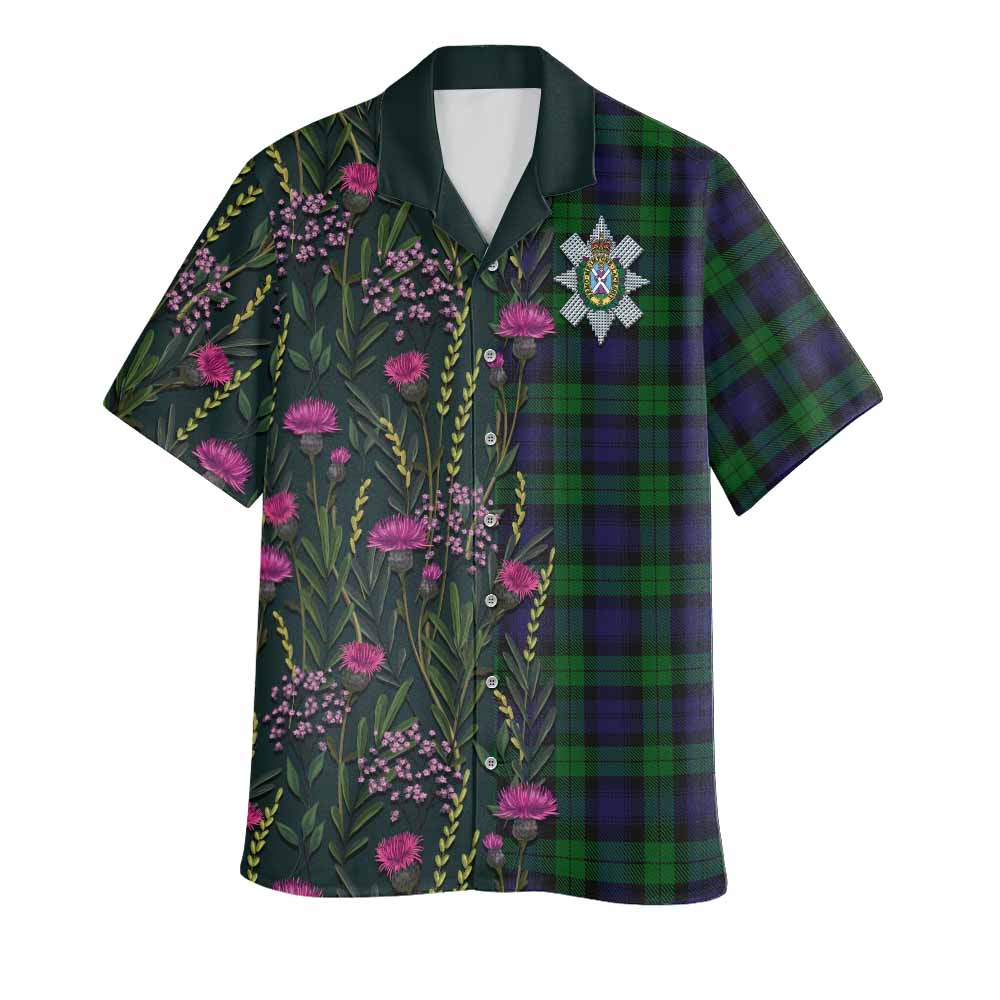 Black Watch Family Crest Tartan Hawaiian Shirt Scottish Thistle Flower Pattern Half Style - Tartan Vibes Clothing