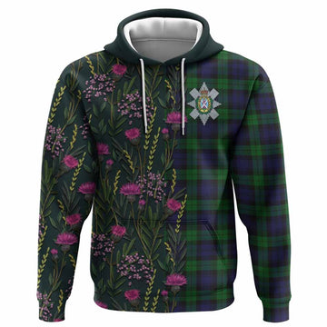 Black Watch Family Crest Tartan Hoodie Scottish Thistle Flower Pattern Half Style