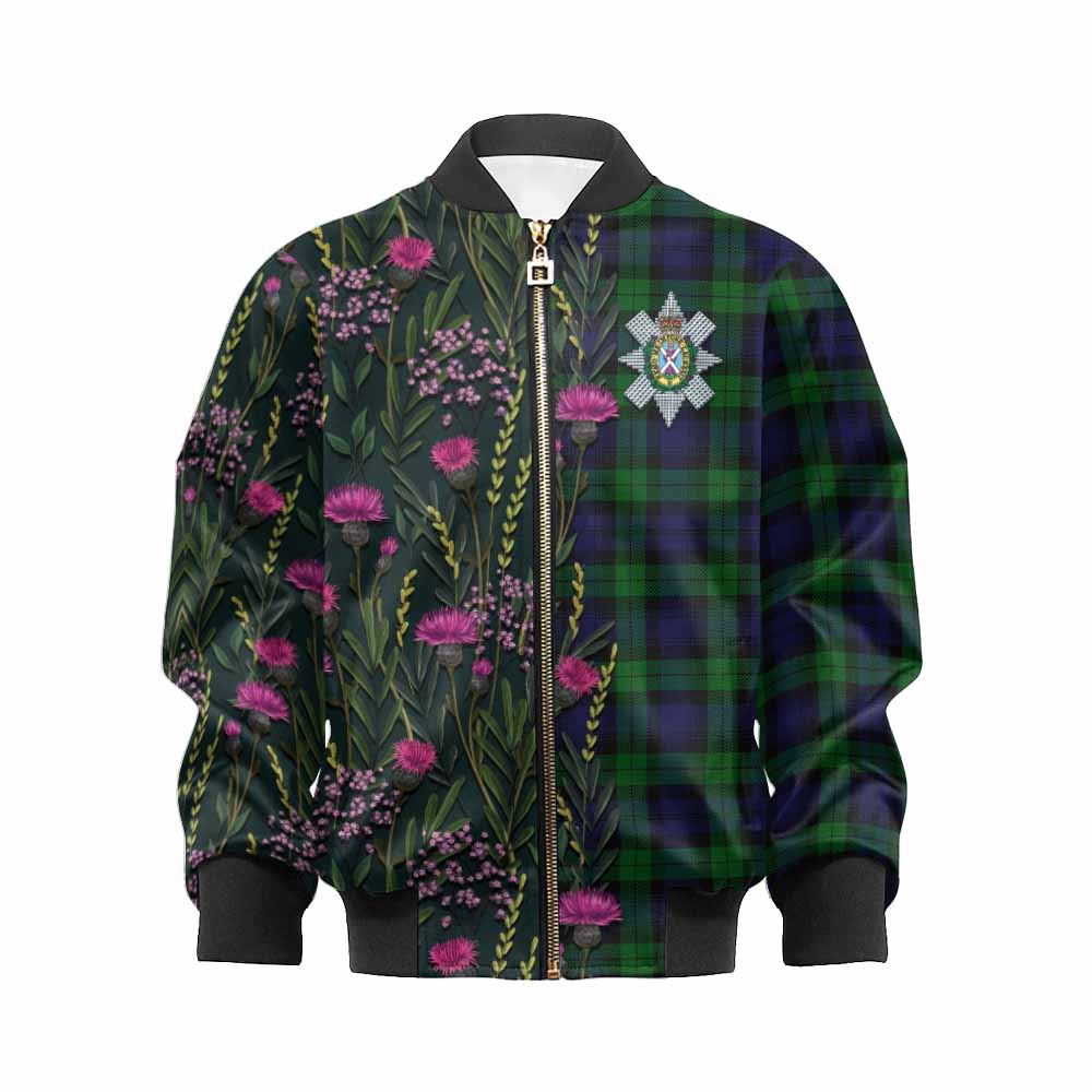 Black Watch Family Crest Tartan Kid Bomber Jacket Scottish Thistle Flower Pattern Half Style - Tartan Vibes Clothing