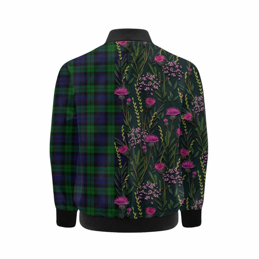 Black Watch Family Crest Tartan Kid Bomber Jacket Scottish Thistle Flower Pattern Half Style - Tartan Vibes Clothing