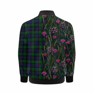 Black Watch Family Crest Tartan Kid Bomber Jacket Scottish Thistle Flower Pattern Half Style - Tartan Vibes Clothing