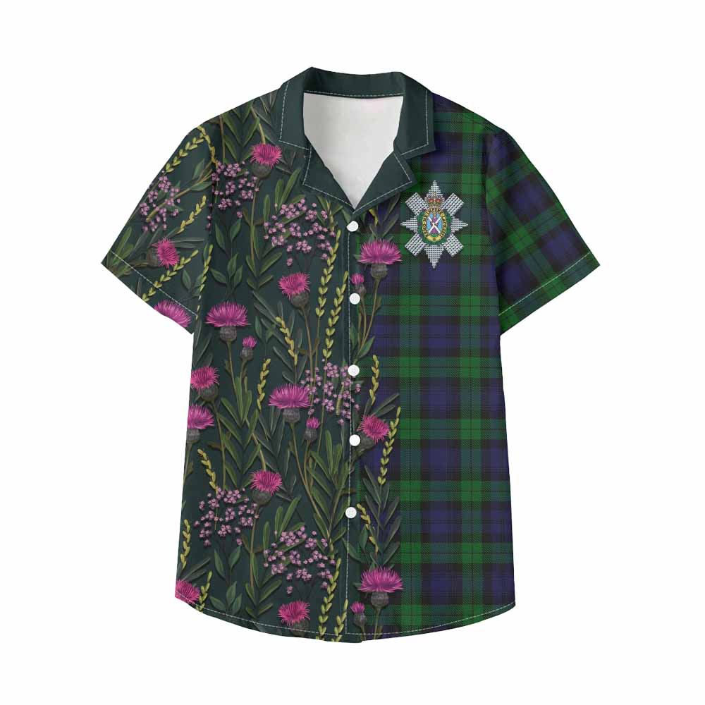 Black Watch Family Crest Tartan Kid Hawaiian Shirt Scottish Thistle Flower Pattern Half Style - Tartan Vibes Clothing