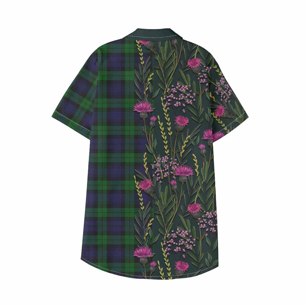 Black Watch Family Crest Tartan Kid Hawaiian Shirt Scottish Thistle Flower Pattern Half Style - Tartan Vibes Clothing