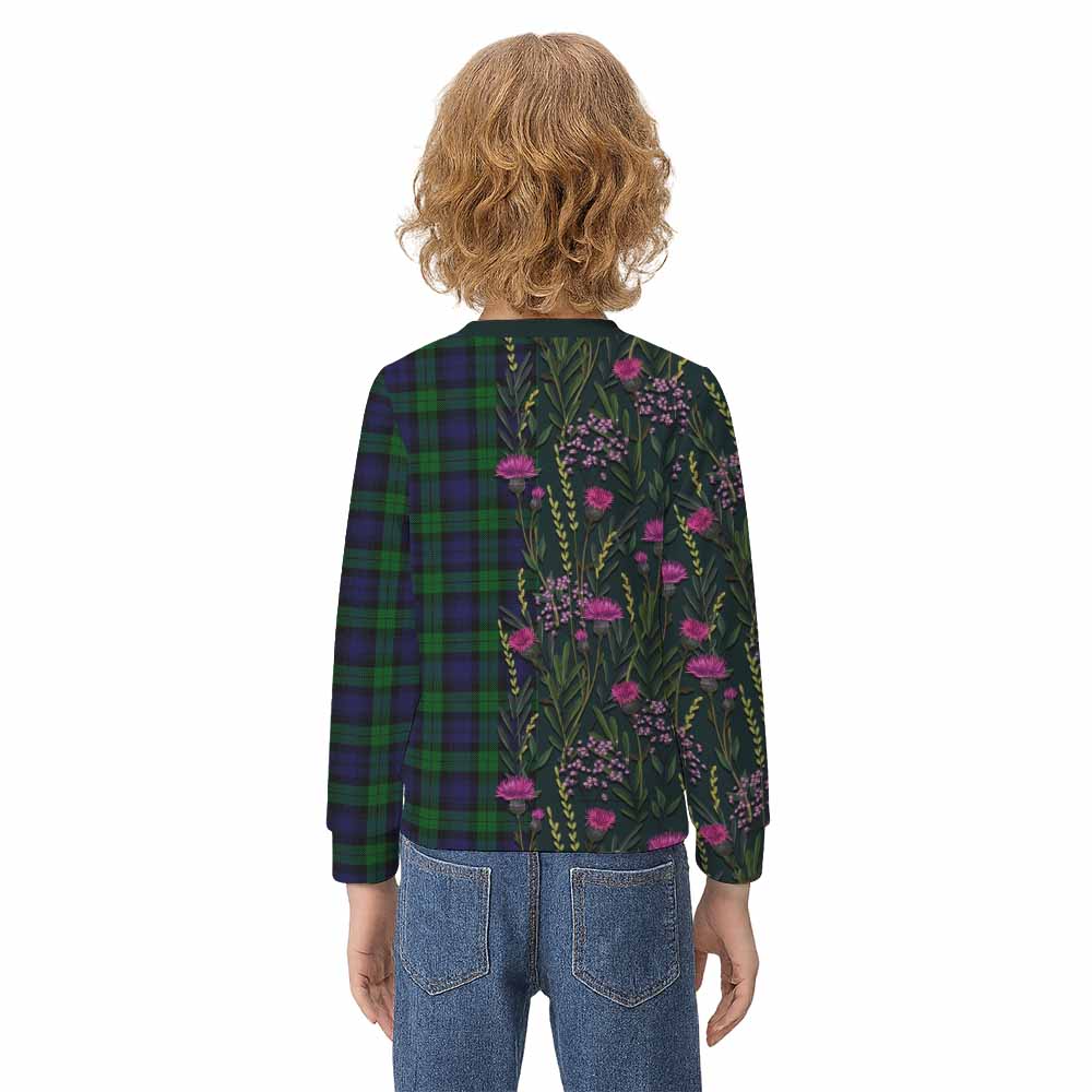 Black Watch Family Crest Tartan Kid Knitted Sweatshirt Scottish Thistle Flower Pattern Half Style - Tartan Vibes Clothing