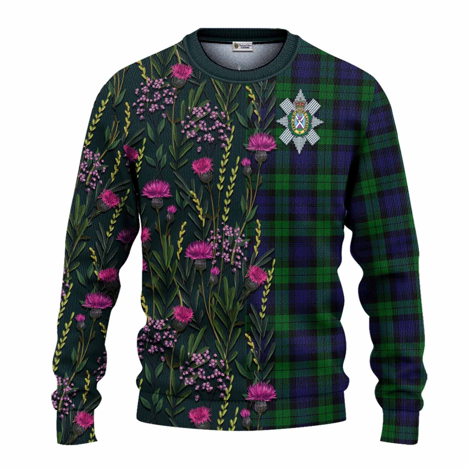 Black Watch Family Crest Tartan Knitted Sweater Scottish Thistle Flower Pattern Half Style - Tartan Vibes Clothing