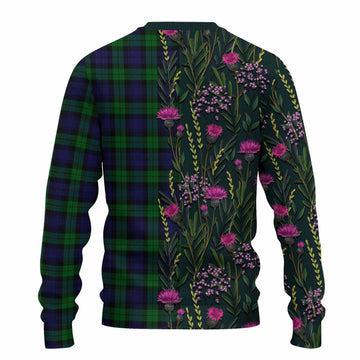 Black Watch Family Crest Tartan Knitted Sweater Scottish Thistle Flower Pattern Half Style - Tartan Vibes Clothing