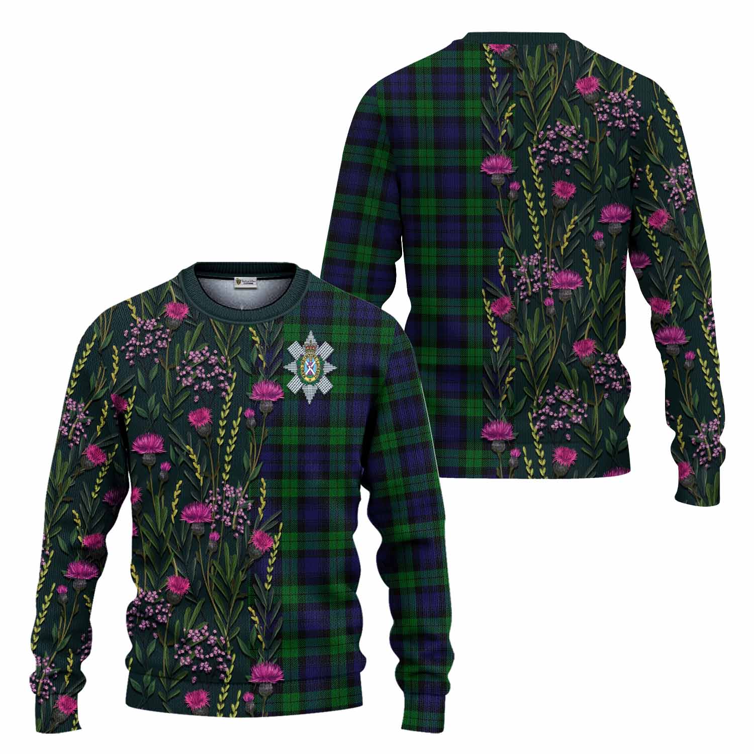 Black Watch Family Crest Tartan Knitted Sweater Scottish Thistle Flower Pattern Half Style - Tartan Vibes Clothing