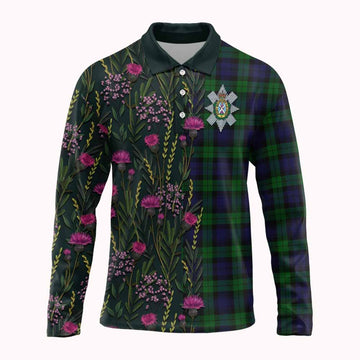 Black Watch Family Crest Tartan Long Sleeve Polo Shirt Scottish Thistle Flower Pattern Half Style