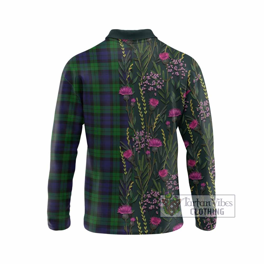 Black Watch Family Crest Tartan Long Sleeve Polo Shirt Scottish Thistle Flower Pattern Half Style - Tartan Vibes Clothing