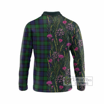 Black Watch Family Crest Tartan Long Sleeve Polo Shirt Scottish Thistle Flower Pattern Half Style