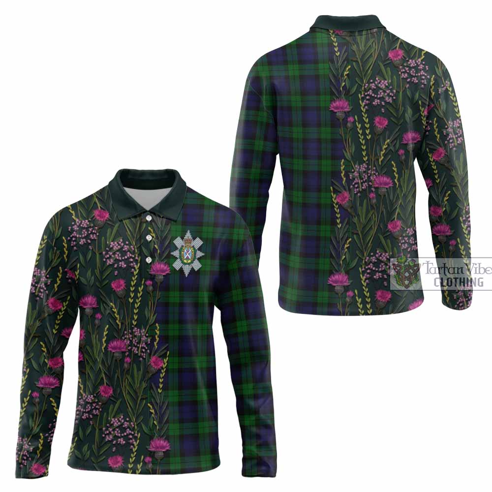 Black Watch Family Crest Tartan Long Sleeve Polo Shirt Scottish Thistle Flower Pattern Half Style - Tartan Vibes Clothing