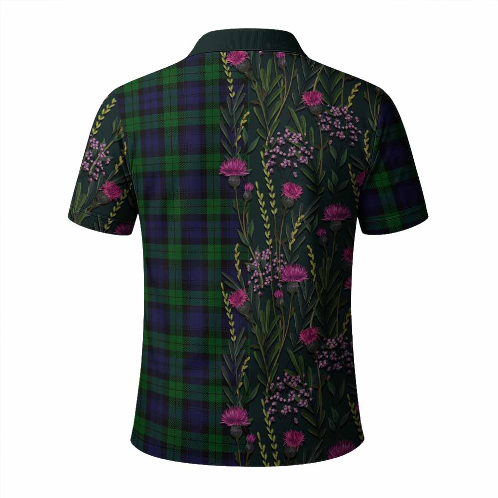 Black Watch Family Crest Tartan Polo Shirt Scottish Thistle Flower Pattern Half Style - Tartan Vibes Clothing