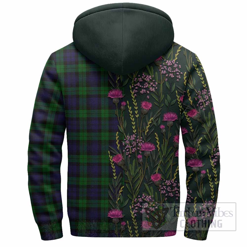 Black Watch Family Crest Tartan Sherpa Hoodie Scottish Thistle Flower Pattern Half Style - Tartan Vibes Clothing