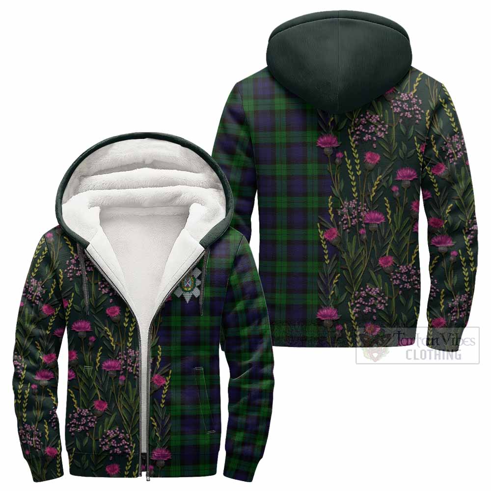 Black Watch Family Crest Tartan Sherpa Hoodie Scottish Thistle Flower Pattern Half Style - Tartan Vibes Clothing