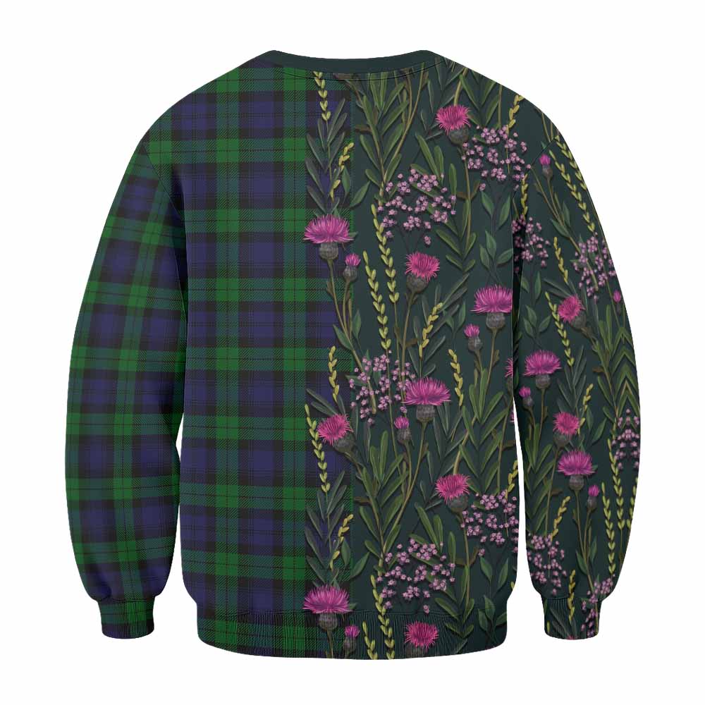 Black Watch Family Crest Tartan Sweatshirt Scottish Thistle Flower Pattern Half Style - Tartan Vibes Clothing