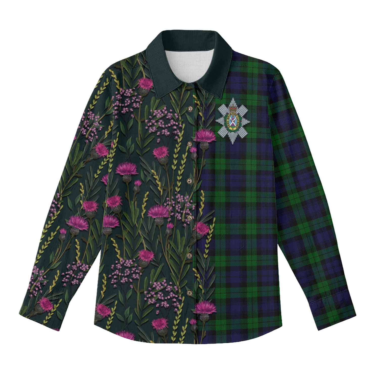 Black Watch Family Crest Tartan Women Casual Shirt Scottish Thistle Flower Pattern Half Style - Tartan Vibes Clothing