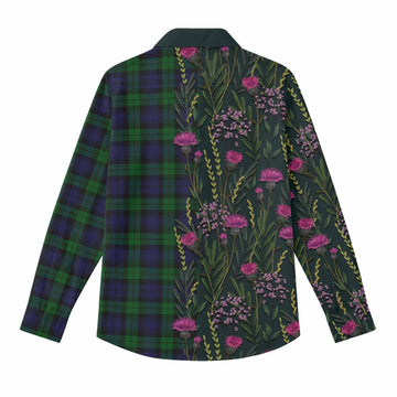 Black Watch Family Crest Tartan Women Casual Shirt Scottish Thistle Flower Pattern Half Style
