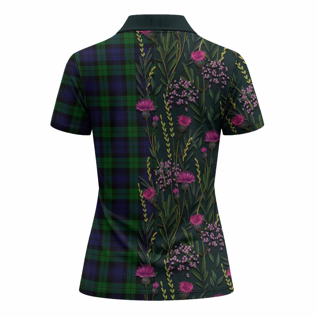 Black Watch Family Crest Tartan Women Polo Shirt Scottish Thistle Flower Pattern Half Style - Tartan Vibes Clothing