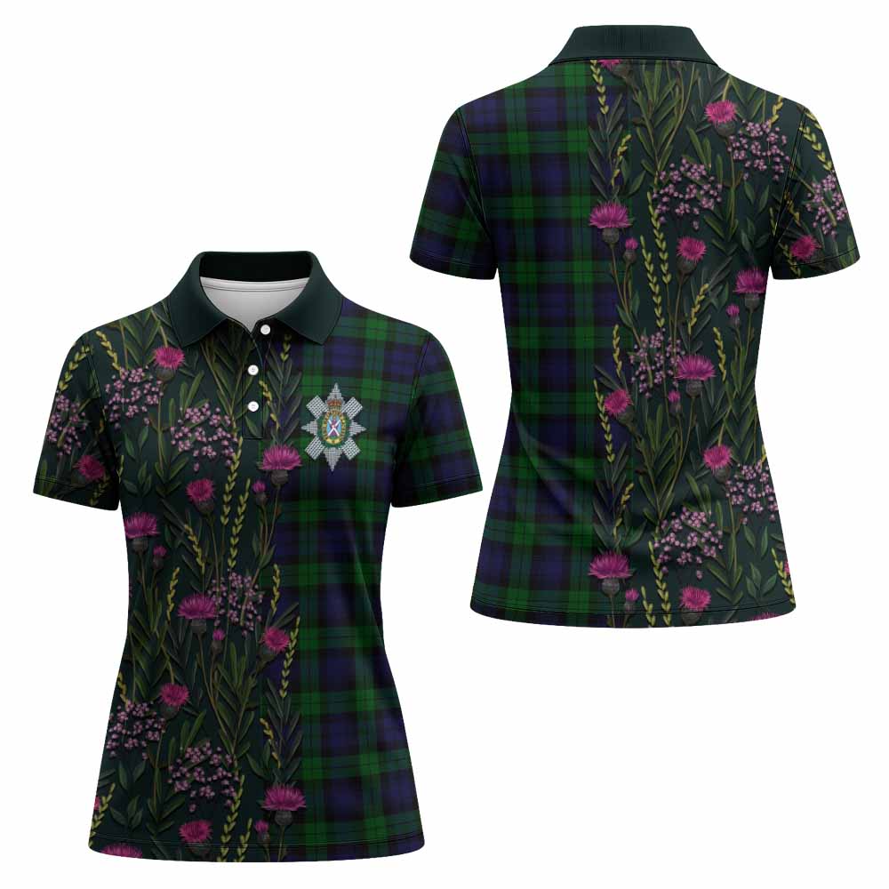 Black Watch Family Crest Tartan Women Polo Shirt Scottish Thistle Flower Pattern Half Style - Tartan Vibes Clothing
