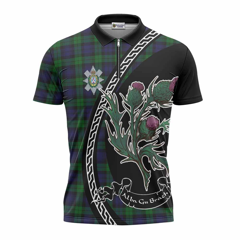 Black Watch Family Crest Tartan Zipper Polo Shirt Alba Thistle Inspired - Tartan Vibes Clothing
