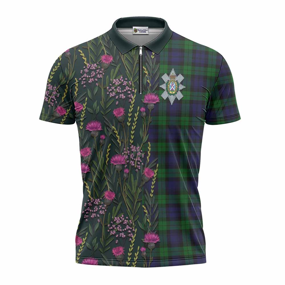 Black Watch Family Crest Tartan Zipper Polo Shirt Scottish Thistle Flower Pattern Half Style - Tartan Vibes Clothing