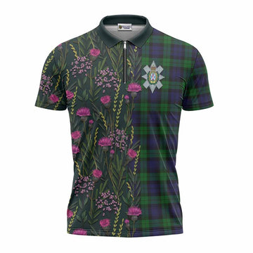 Black Watch Family Crest Tartan Zipper Polo Shirt Scottish Thistle Flower Pattern Half Style