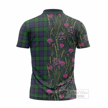 Black Watch Family Crest Tartan Zipper Polo Shirt Scottish Thistle Flower Pattern Half Style