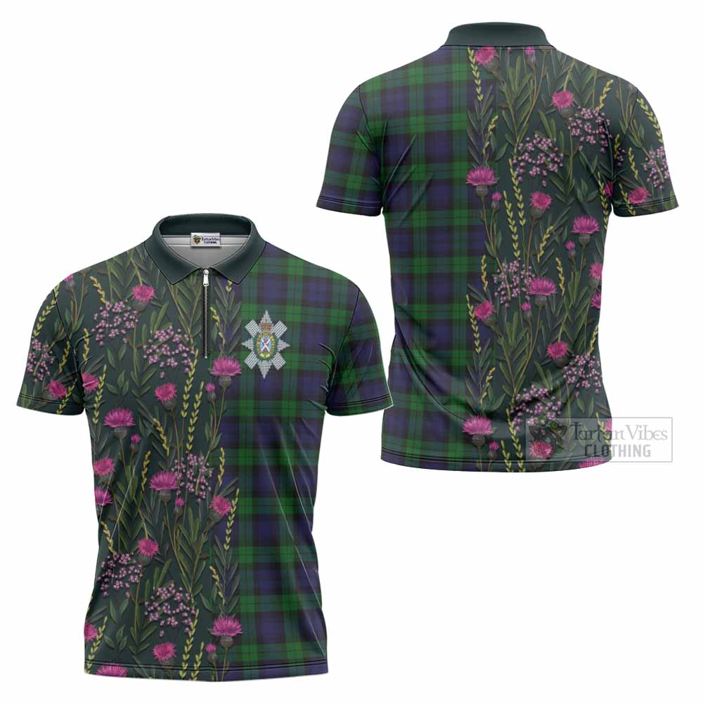 Black Watch Family Crest Tartan Zipper Polo Shirt Scottish Thistle Flower Pattern Half Style - Tartan Vibes Clothing