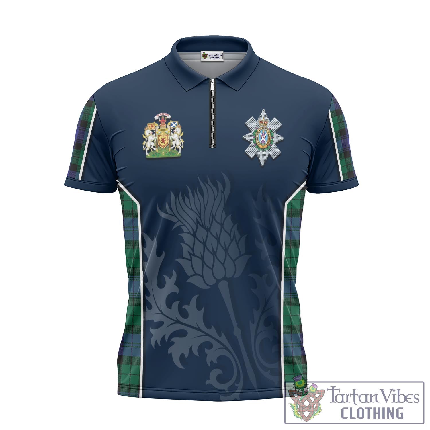 Tartan Vibes Clothing Black Watch Modern Tartan Zipper Polo Shirt with Family Crest and Scottish Thistle Vibes Sport Style