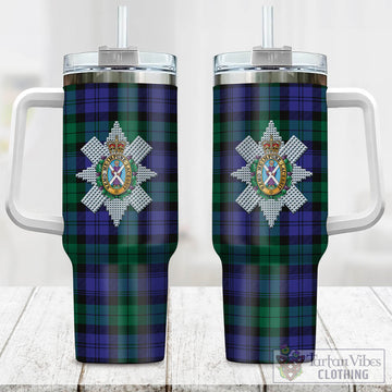 Black Watch Modern Tartan and Family Crest Tumbler with Handle