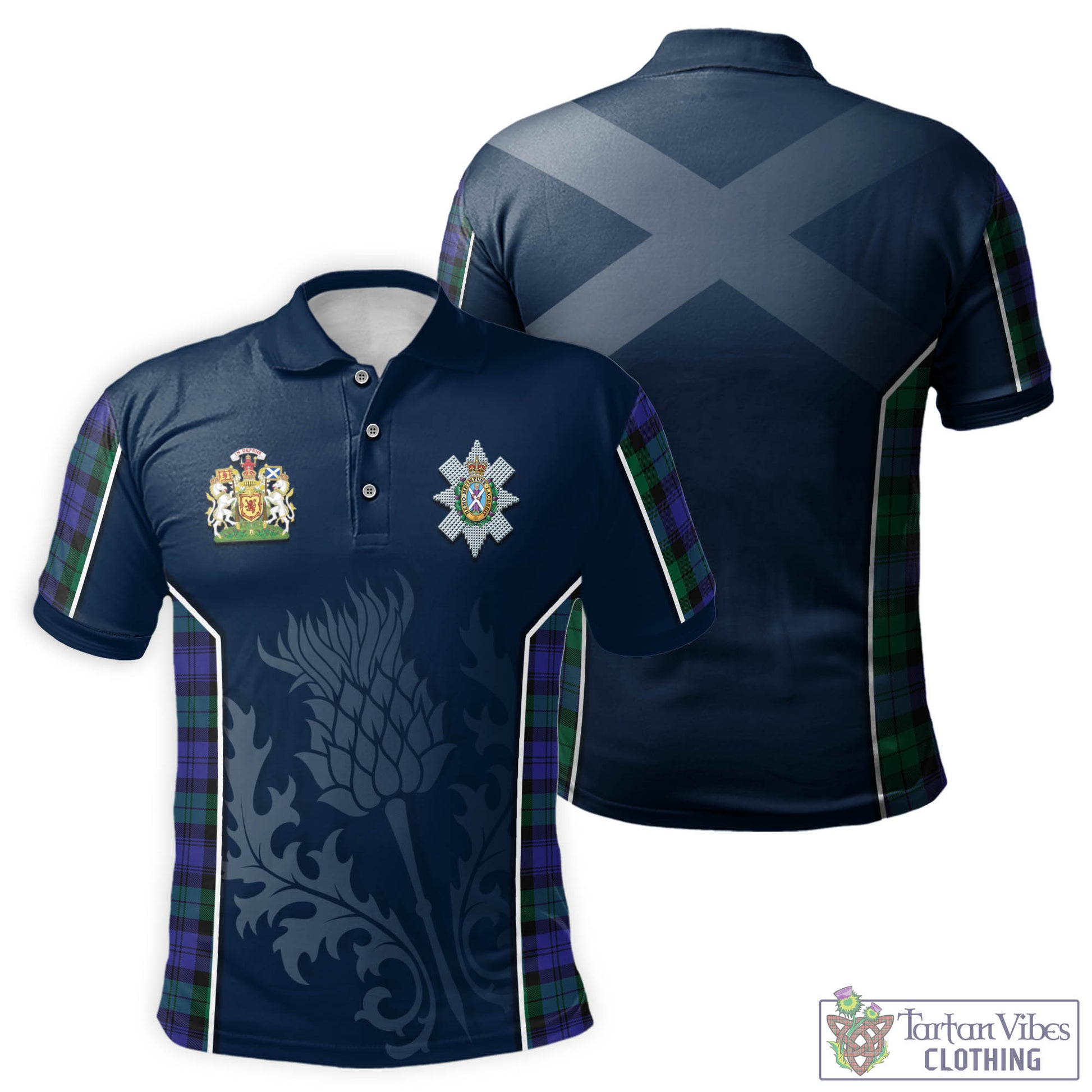 Tartan Vibes Clothing Black Watch Modern Tartan Men's Polo Shirt with Family Crest and Scottish Thistle Vibes Sport Style