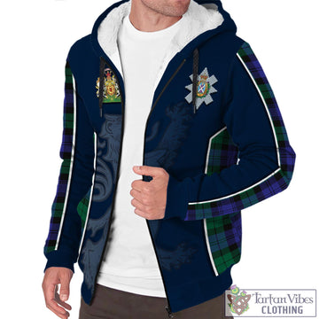 Black Watch Modern Tartan Sherpa Hoodie with Family Crest and Lion Rampant Vibes Sport Style