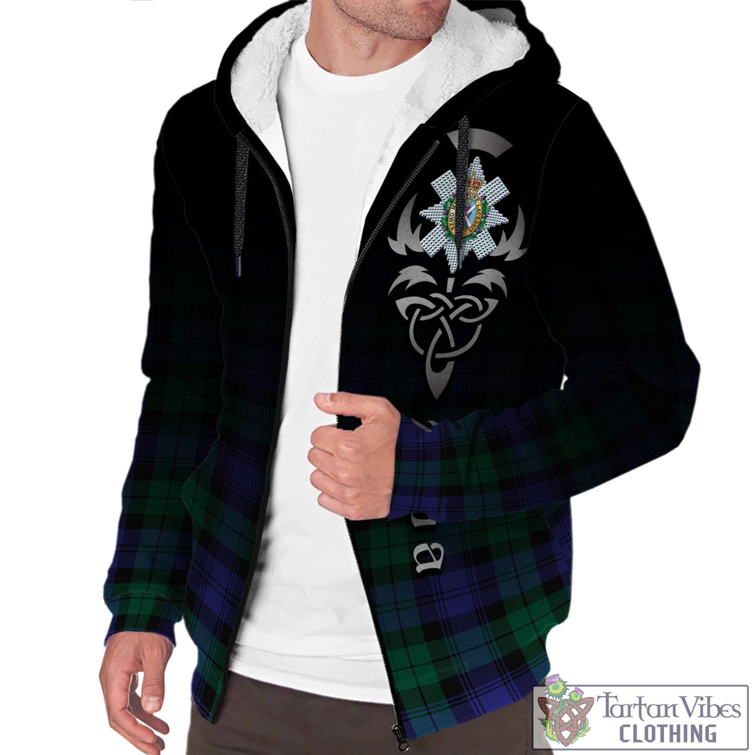Tartan Vibes Clothing Black Watch Modern Tartan Sherpa Hoodie Featuring Alba Gu Brath Family Crest Celtic Inspired