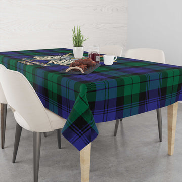 Black Watch Modern Tartan Tablecloth with Clan Crest and the Golden Sword of Courageous Legacy