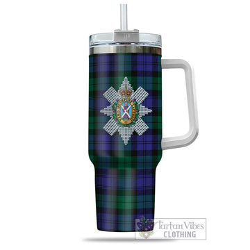 Black Watch Modern Tartan and Family Crest Tumbler with Handle