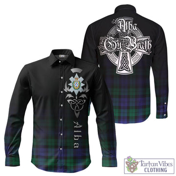 Black Watch Modern Tartan Long Sleeve Button Up Featuring Alba Gu Brath Family Crest Celtic Inspired